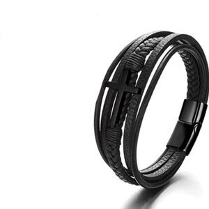 Black cross on multi layered leather bracelet, titanium steel clasp